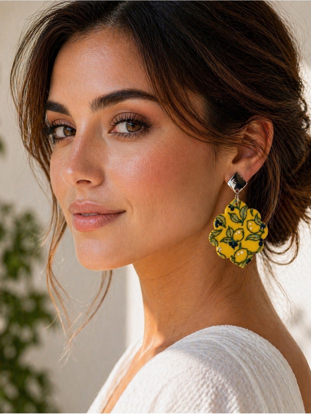Hand Painted Yellow Lemon Pattern Dangle Earrings